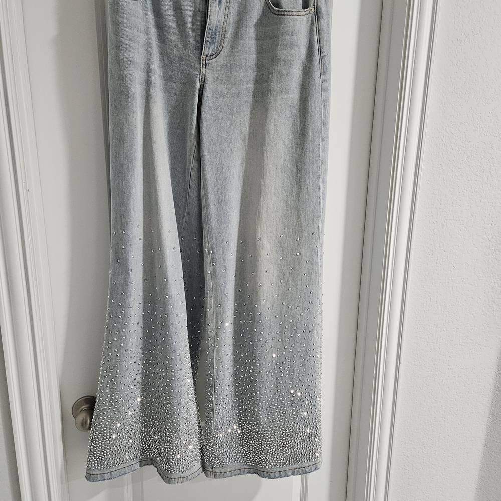 Alice + Olivia Light Wash Denim Wide Leg Jeans with Rhinestone Hem
